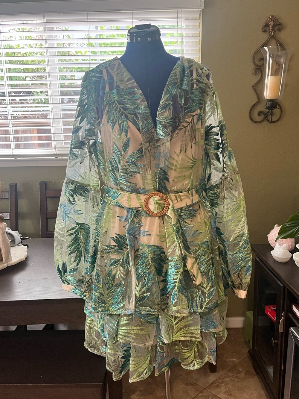 Beautiful special ocassion Green Leaf-Print Ruffled Dress with Belt